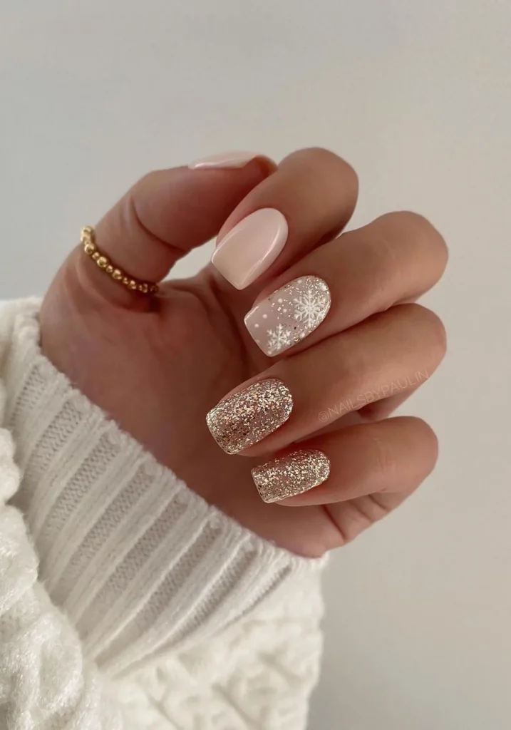 Kurze hellrosa Winternägel mit Goldglitter