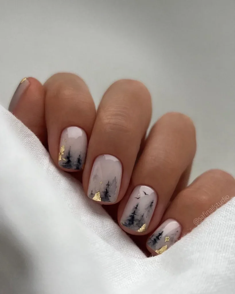 Winterwald - Kurze Winternägel mit Wald-Nagelkunst